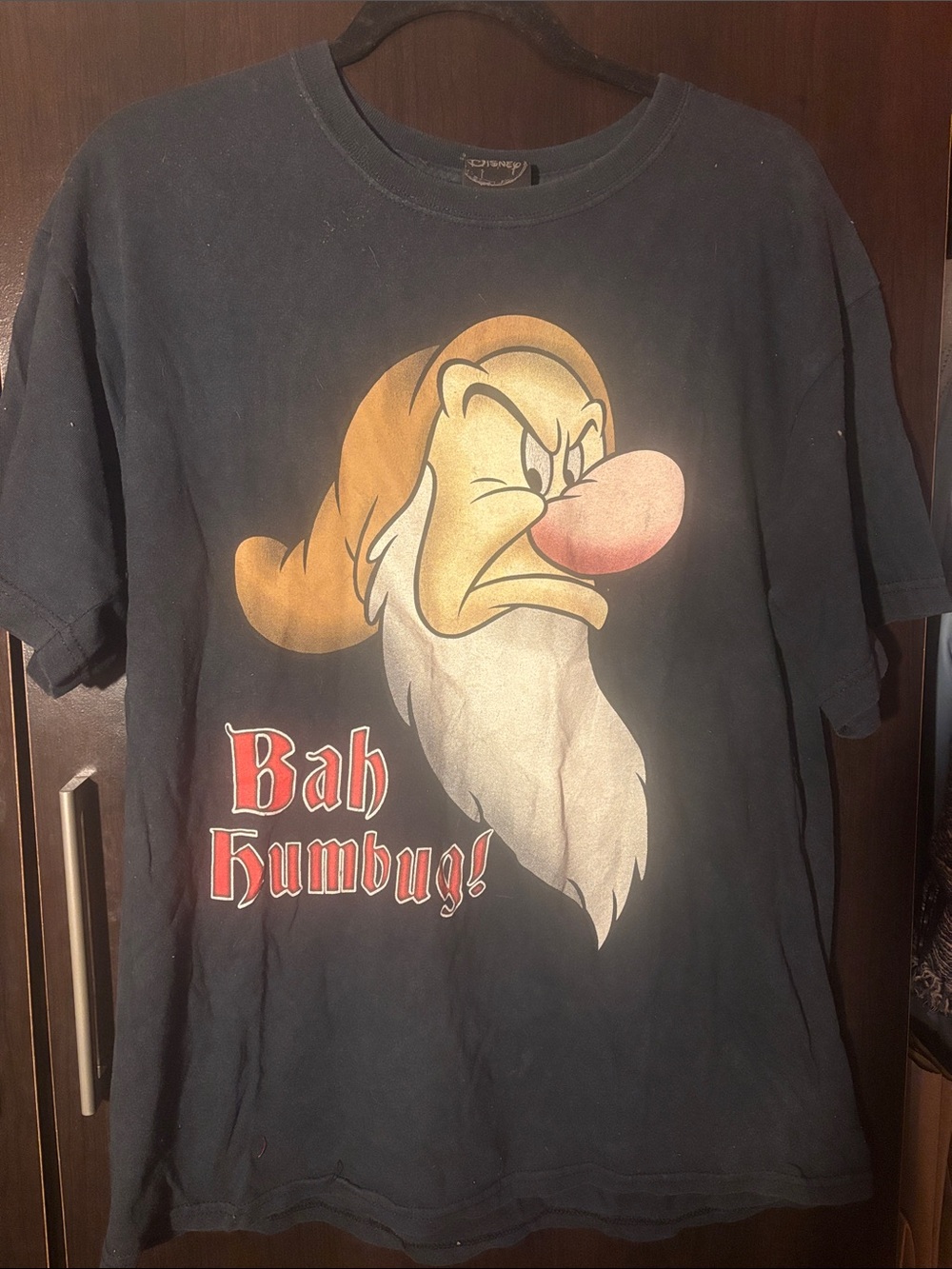 Disney Black Graphic Tee with Grumpy Dwarf and Red Text